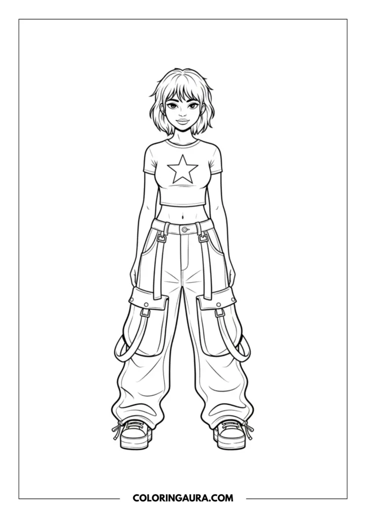 Outline of a stylish girl wearing iconic Y2K baggy cargo pants with large pockets and decorative straps, paired with a fitted star-graphic baby tee and chunky sneakers.