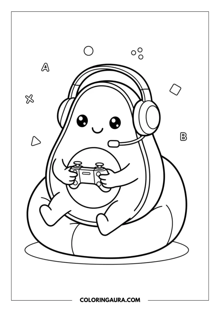 Line art coloring page showing a kawaii avocado sitting comfortably on a beanbag chair, wearing a headset with a microphone and holding a video game controller.