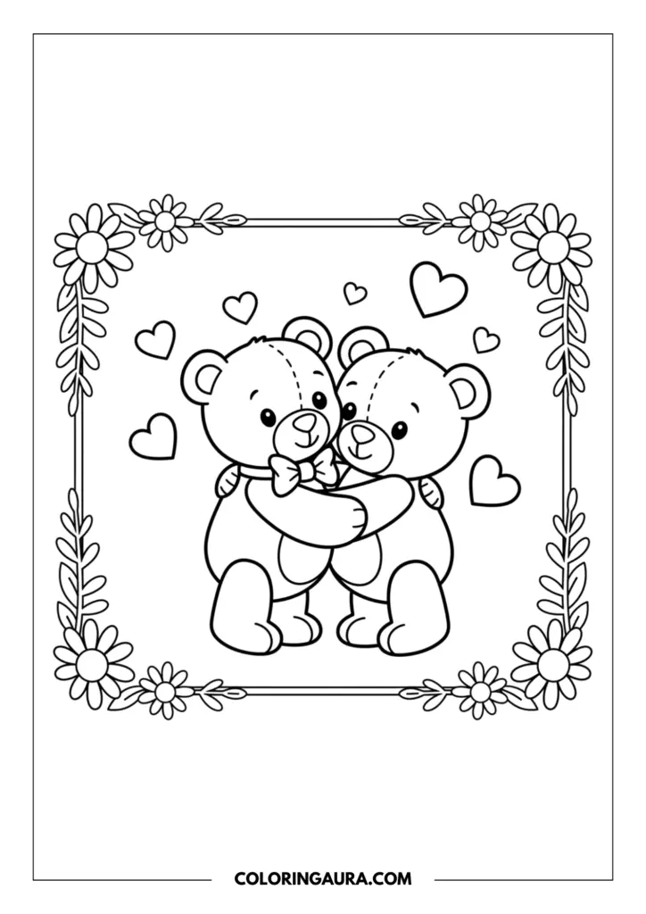 Line art coloring page showing two cute teddy bears hugging each other tightly, surrounded by a decorative frame of flowers and floating hearts.