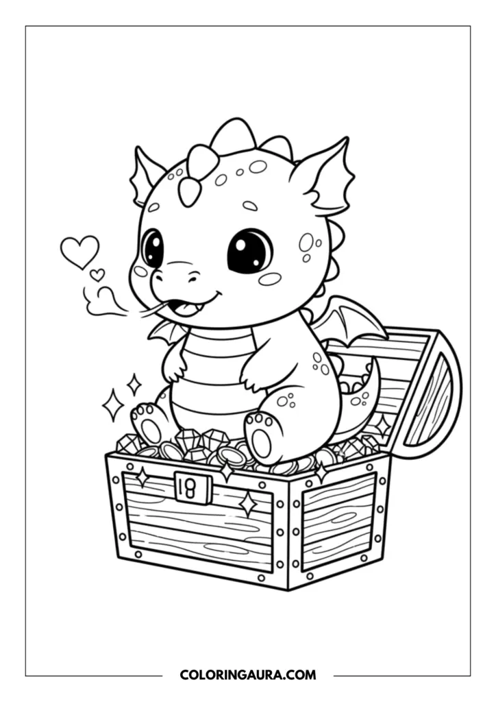 Line art coloring page showing a cute baby dragon breathing a heart-shaped puff of smoke sitting inside an open treasure chest filled with gold and gems.
