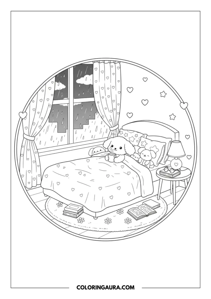 Line art coloring page showing a cozy puppy sitting in bed holding a warm mug while looking out at the rain. The circular scene captures a rainy city view through the window, a bedside lamp, and scattered books on the rug, creating a comforting atmosphere.