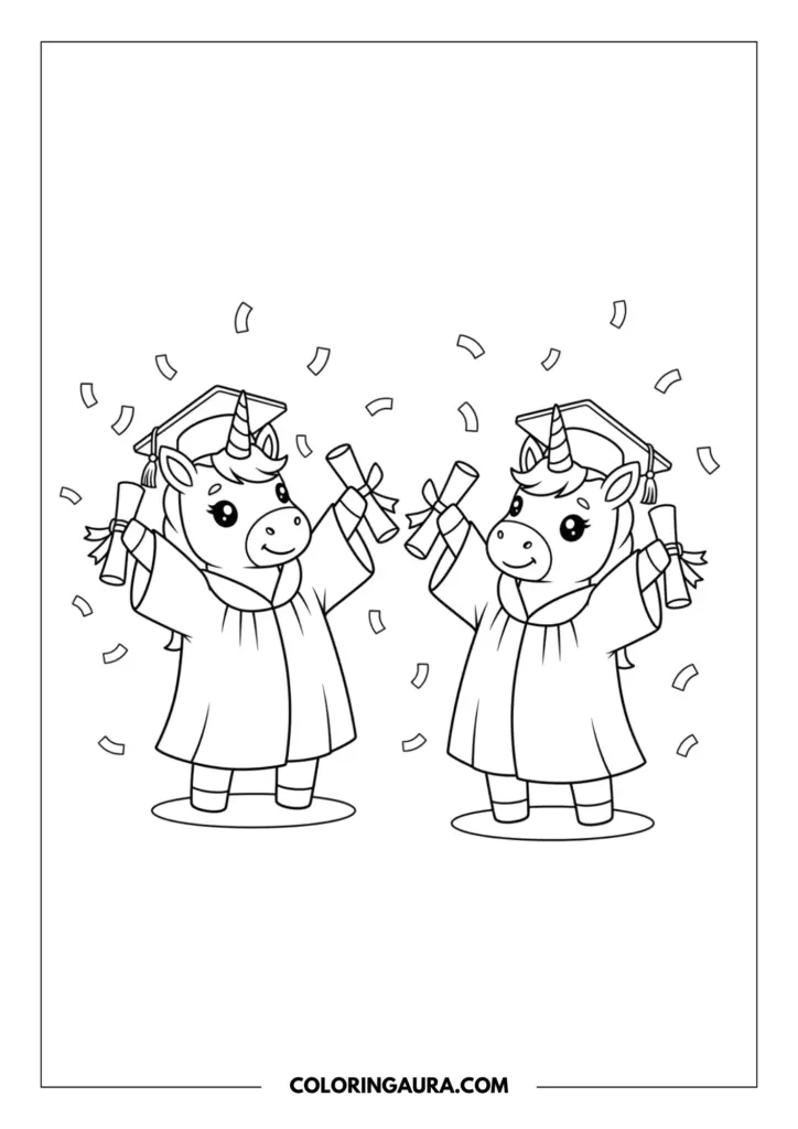 Line art coloring page showing two proud unicorns celebrating their graduation. They are wearing traditional caps and gowns, holding rolled diplomas, and cheering as festive confetti falls around them.
