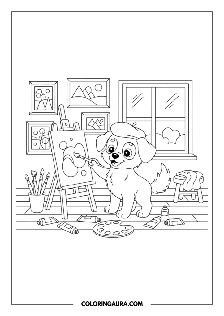 Line art coloring page showing an artistic puppy wearing a beret painting on a canvas easel, surrounded by framed art, paint tubes, and a palette in a studio.