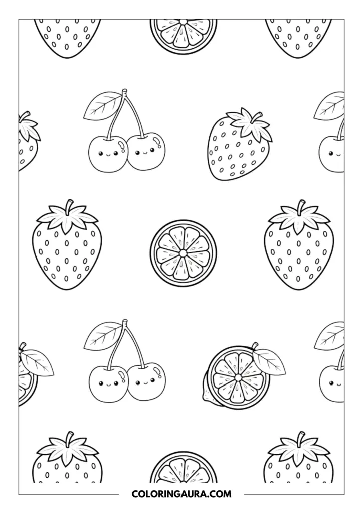 Line art coloring page showing a seamless pattern of cute cartoon fruits, including strawberries with seeds, smiling cherries with leaves, and citrus slices (orange and lemon) with segments.