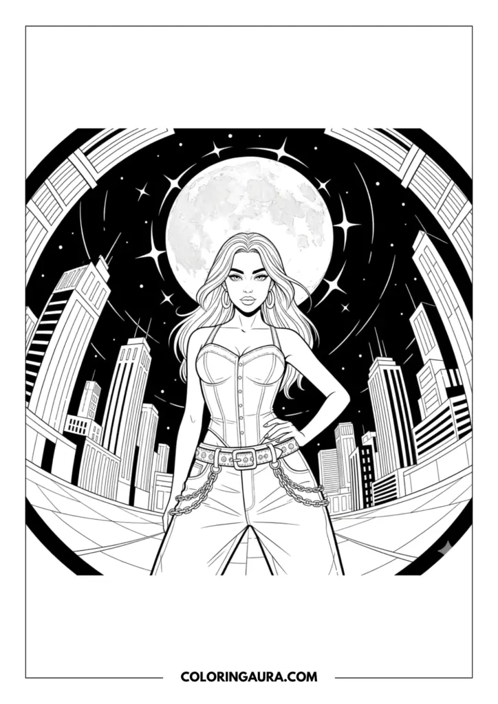 Outline of a girl wearing a denim corset and low-rise jeans with hip chains standing on a city rooftop. The wide-angle fisheye view shows a massive full moon and skyscrapers against a starry sky.