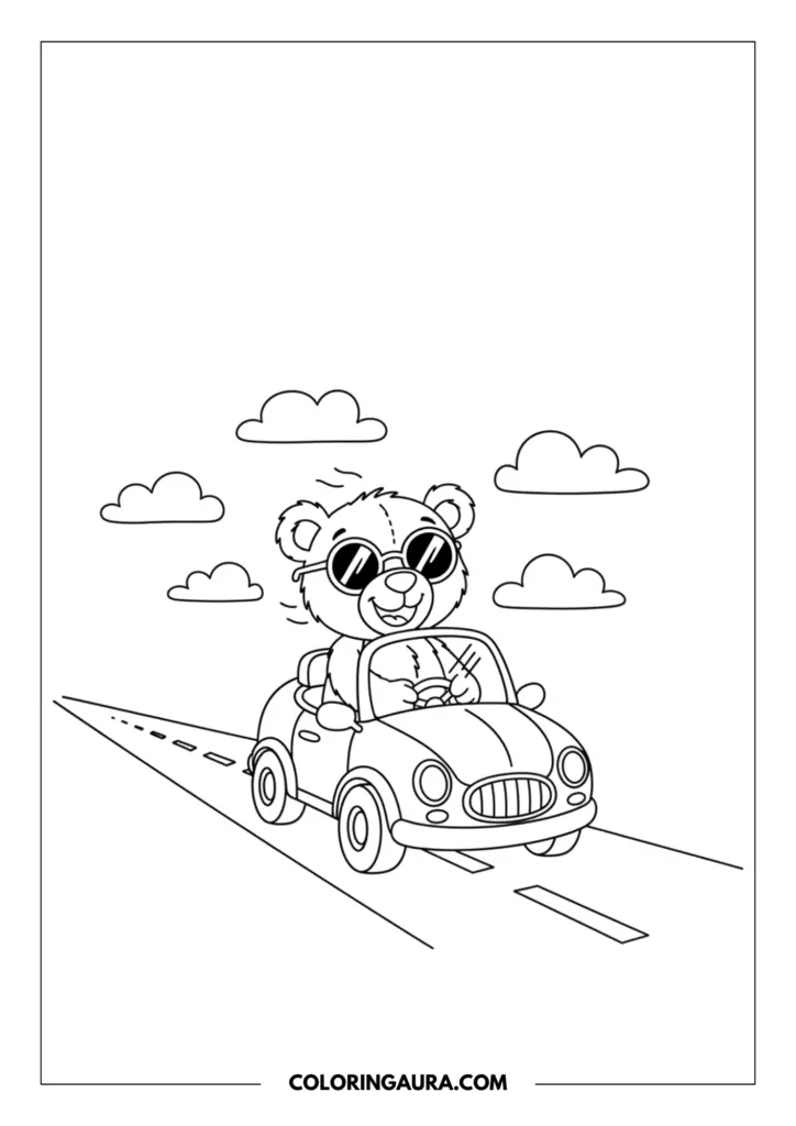 Line art coloring page showing a cool teddy bear wearing sunglasses driving a convertible car on the road under the clouds.