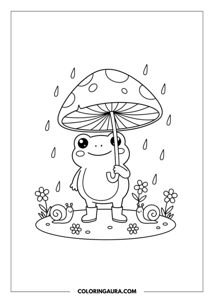 Line art coloring page showing a happy frog wearing rain boots holding a large mushroom as an umbrella surrounded by raindrops, flowers, and snails.
