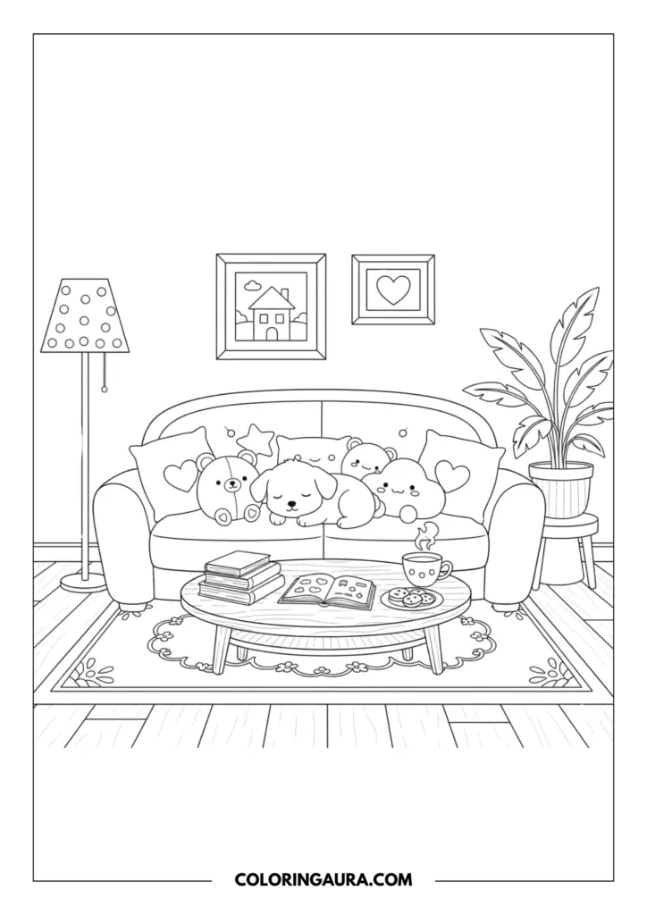 Line art coloring page showing a fluffy puppy sleeping on a curved sofa surrounded by kawaii pillows and a teddy bear. The inviting living room scene includes a coffee table with books and a cup of tea, a tall floor lamp, and a large leafy houseplant next to wall art.