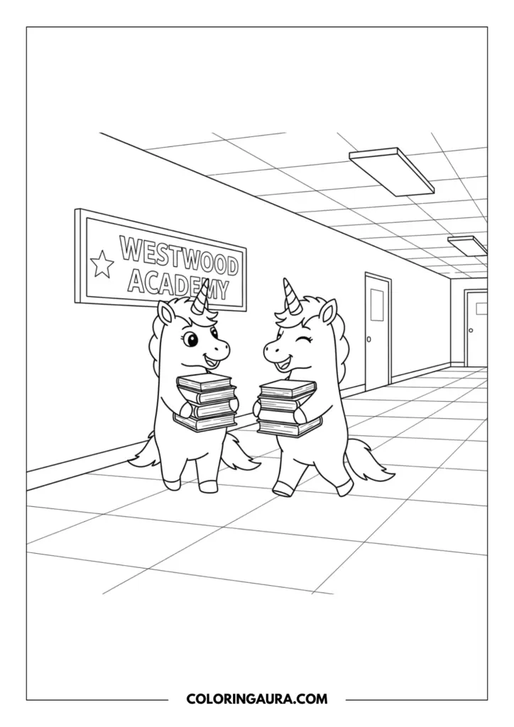 Line art coloring page showing two cheerful unicorns walking through a school corridor beneath a sign reading "Westwood Academy." They are carrying heavy stacks of textbooks and smiling as they head to their next class.
