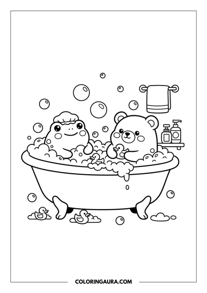 Line art coloring page showing a happy bear and a frog wearing a shower cap enjoying a bubbly bath in a tub filled with rubber ducks, foam, and shampoo bottles.