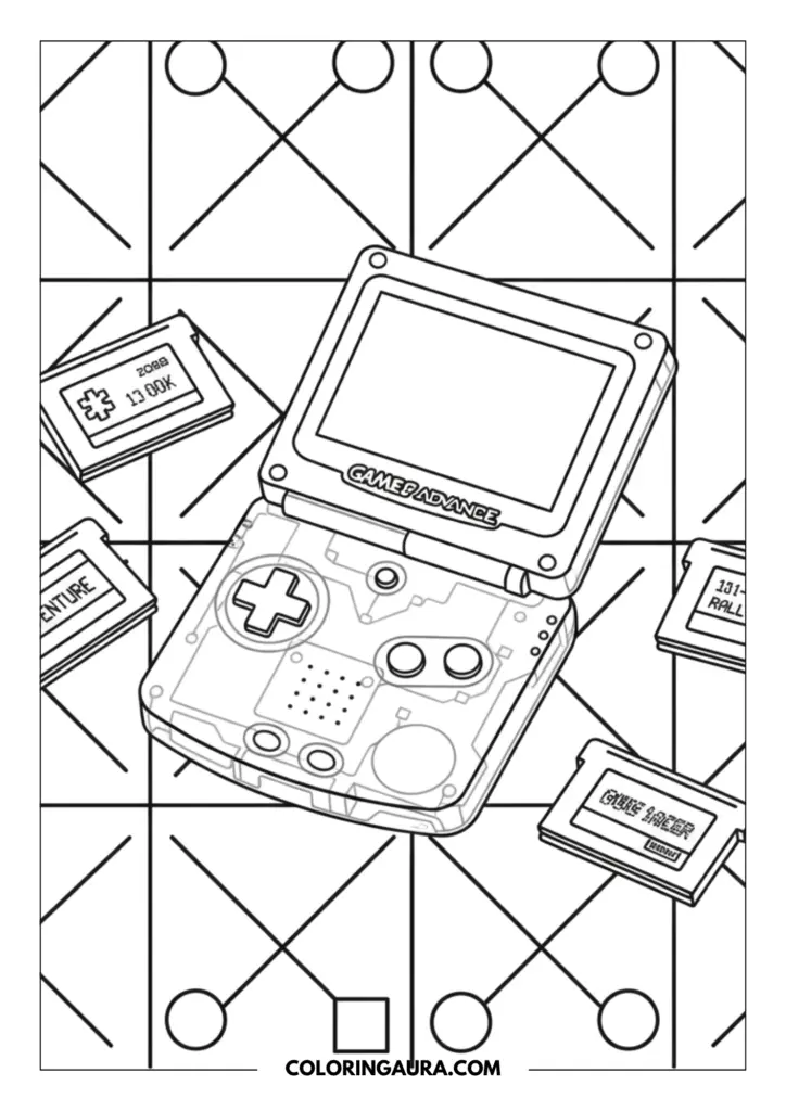 Line art coloring page showing a translucent-style Game Boy Advance handheld console surrounded by game cartridges against a geometric background.