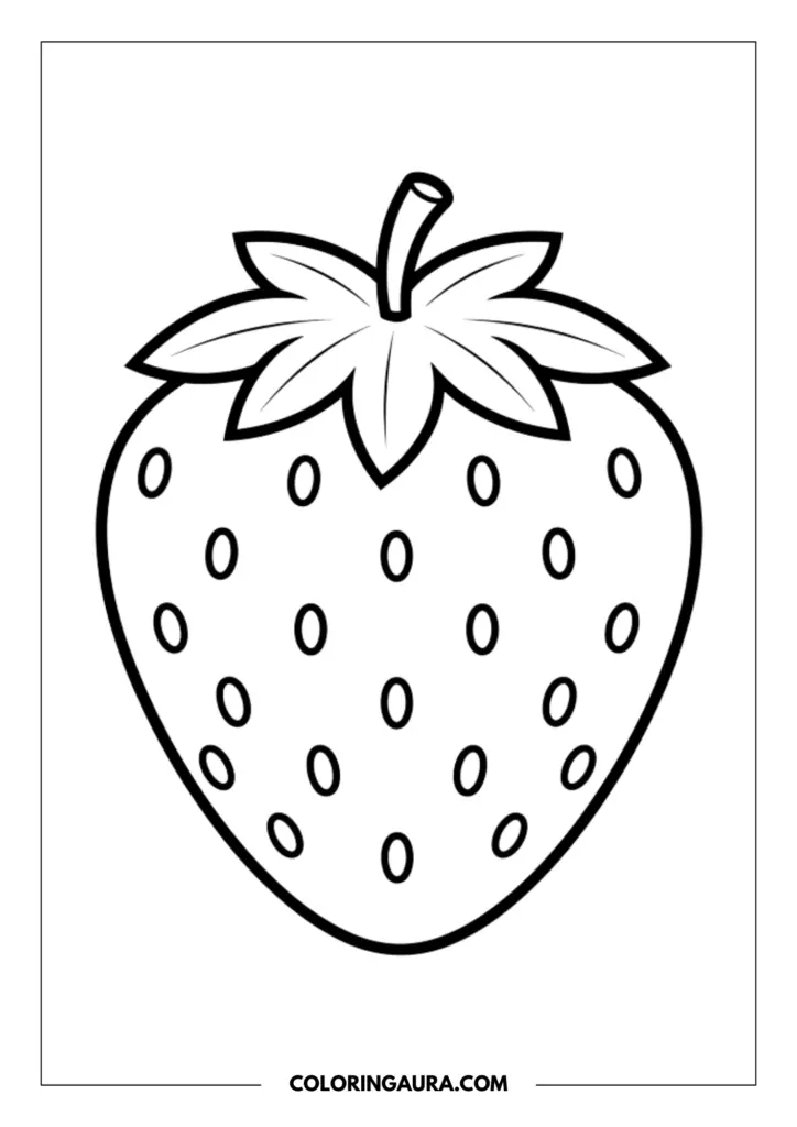 Outline of a cute strawberry featuring a leafy crown top and detailed seed patterns.