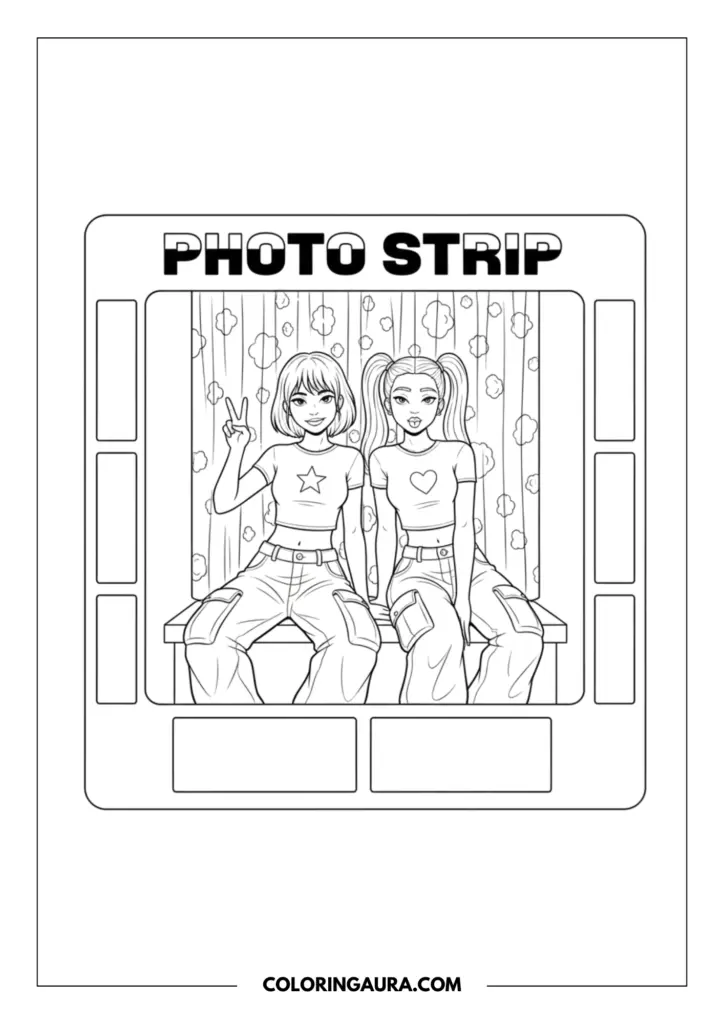 Line art coloring page showing two friends posing inside a retro Y2K photo strip frame. The girls are wearing heart and star crop tops with baggy pants against a dreamy cloud-patterned background.
