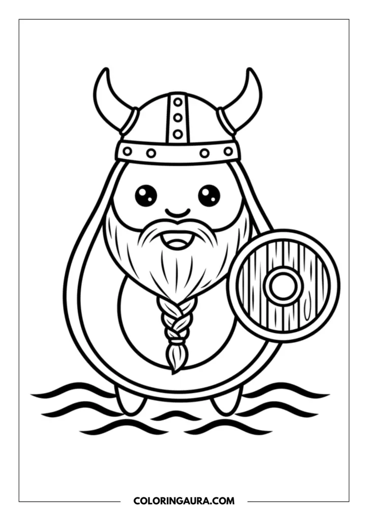 Line art coloring page showing a cute avocado dressed as a Viking warrior, wearing a horned helmet and a braided beard, holding a round wooden shield near ocean waves.