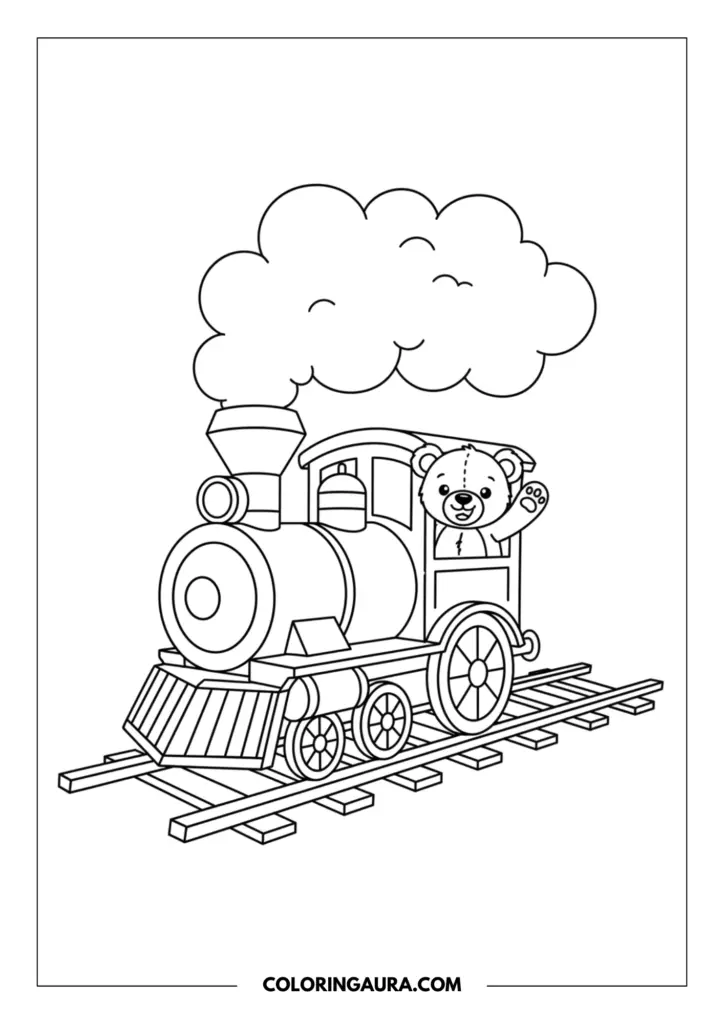 Line art coloring page showing a cute teddy bear conductor waving from the window of a steam train locomotive on the tracks.