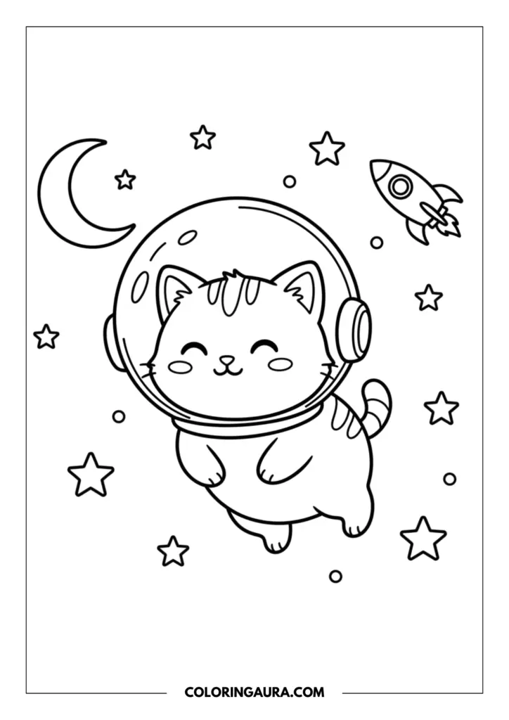 Line art coloring page showing a kawaii cat wearing an astronaut helmet floating in space surrounded by stars, a crescent moon, and a rocket ship.