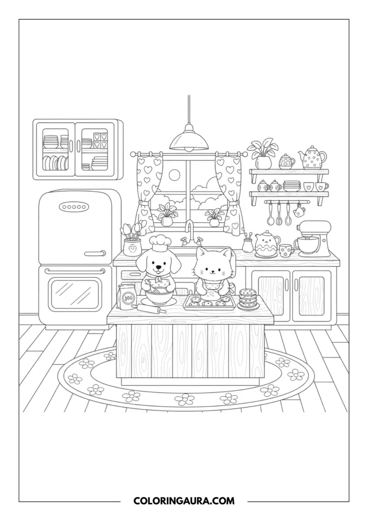 Line art coloring page showing a puppy and a kitten wearing chef hats baking together in a kitchen. They are standing at a wooden island using a rolling pin and dough to make cookies, surrounded by a retro refrigerator, a stove, and shelves filled with teapots and plants.