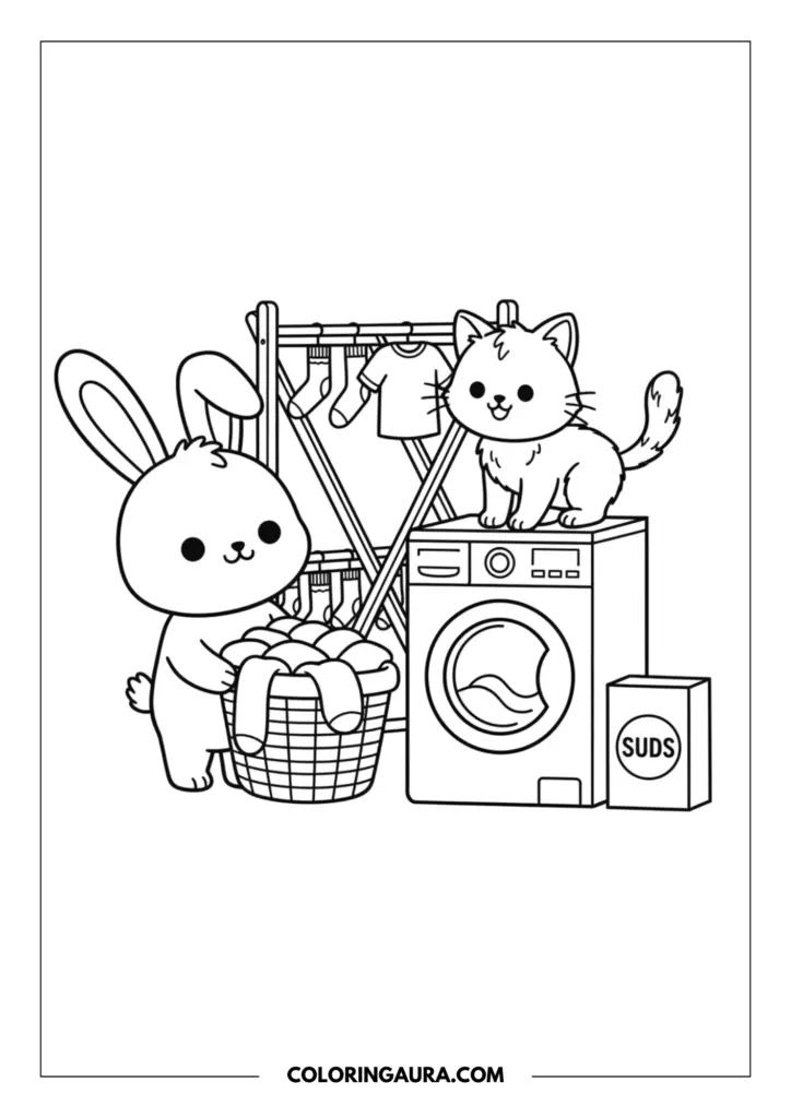 Line art coloring page showing a diligent rabbit holding a laundry basket next to a washing machine where a cute cat is perched, with a drying rack and detergent box nearby.