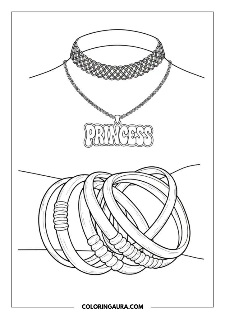 Line art coloring page showing a tattoo choker necklace, a "Princess" nameplate necklace, and a stack of jelly bangle bracelets on a wrist.