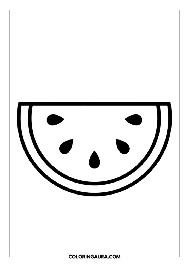 Line art coloring page showing a cute watermelon slice with a thick rind and scattered seeds.