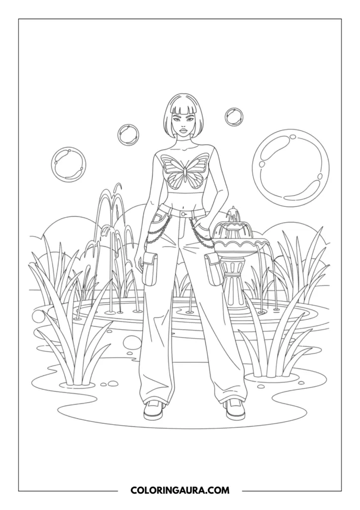 Outline of a girl wearing a butterfly-shaped crop top and baggy jeans with hip chains. She stands in a surreal, futuristic garden filled with fountains and giant floating bubbles.