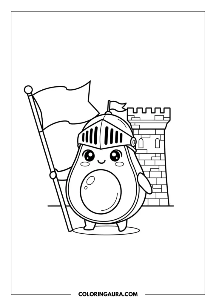 Line art coloring page showing a cute avocado dressed as a medieval knight, wearing a helmet with the visor up and holding a flag on a pole, with a castle tower in the background.