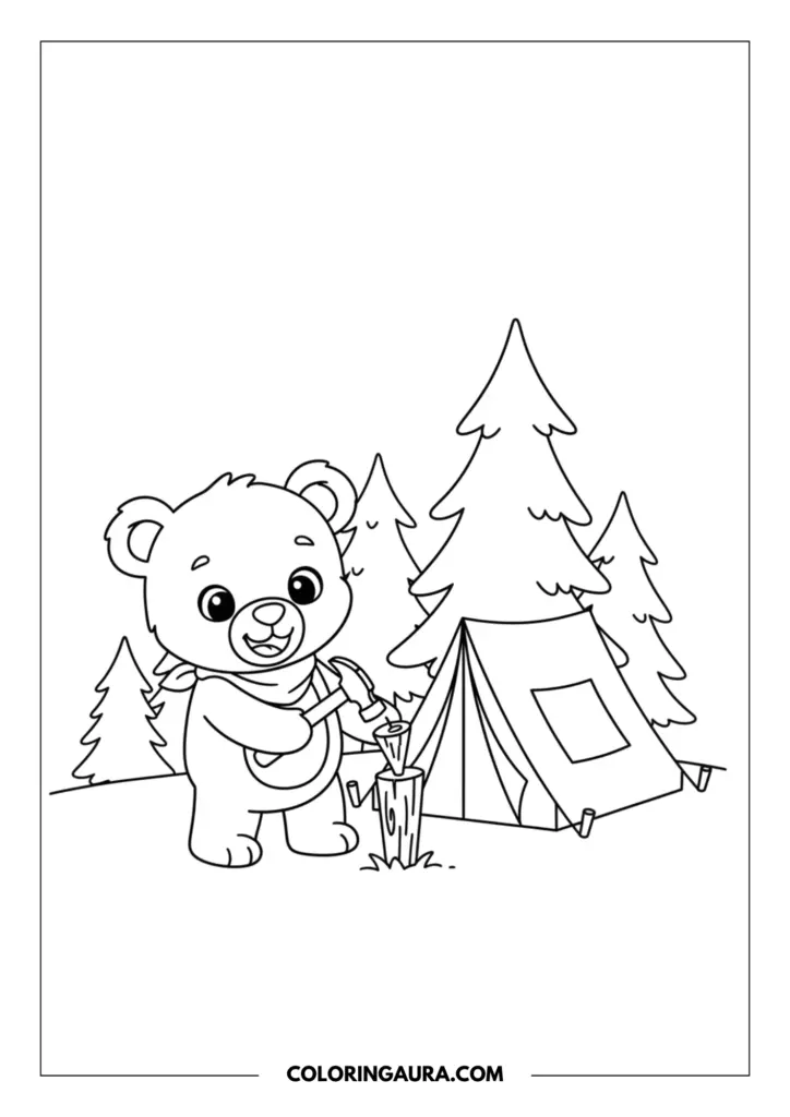 Line art coloring page showing a cute teddy bear hammering a wooden stake into the ground to set up a camping tent near pine trees.