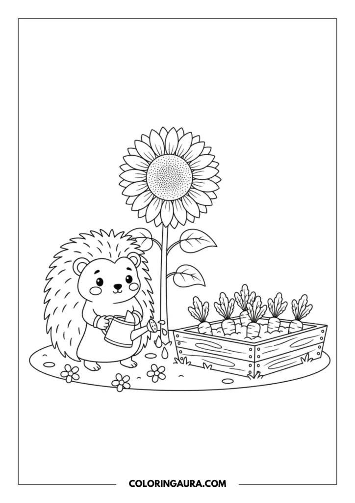 Line art coloring page showing a cute hedgehog holding a watering can standing next to a tall sunflower and a wooden planter box full of carrots.