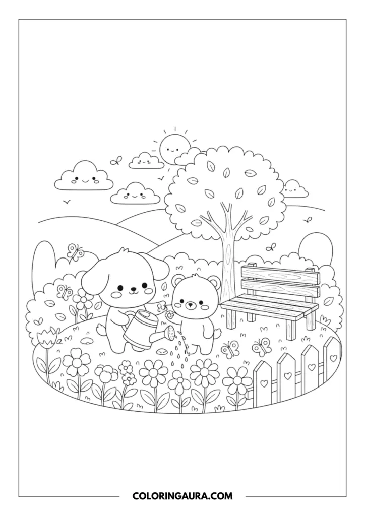 Line art coloring page showing a cute puppy and a small bear watering flowers in a sunny garden. The cheerful outdoor scene features a large tree, a wooden park bench, a picket fence decorated with hearts, fluttering butterflies, and a smiling sun in the sky.