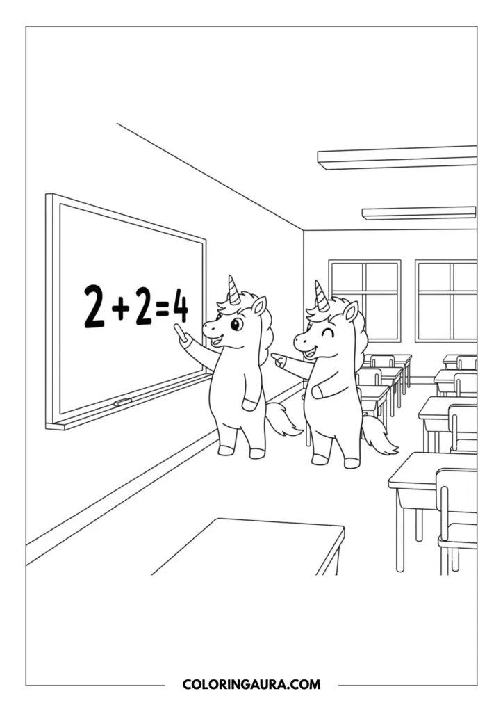 Line art coloring page showing two student unicorns solving a math problem at the blackboard. The classroom scene features the equation "2+2=4", rows of empty desks, and large windows, capturing a moment of learning fun.