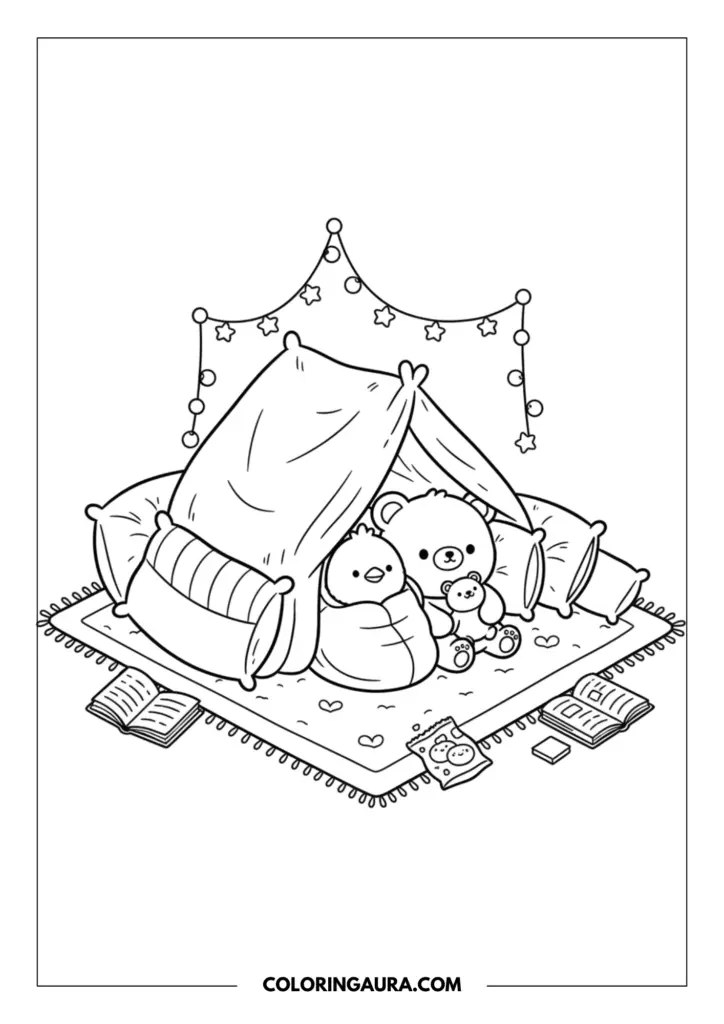 Line art coloring page showing a cute bear and chick wrapped in a blanket inside a pillow fort decorated with hanging stars, surrounded by open books and a bag of cookies.