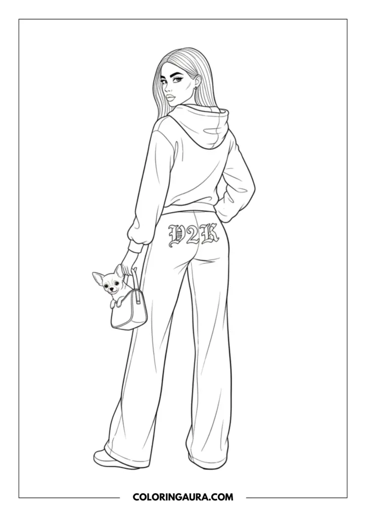 Line art coloring page showing a girl from behind wearing a matching tracksuit with "Y2K" written on the pants, holding a handbag with a small chihuahua inside.
