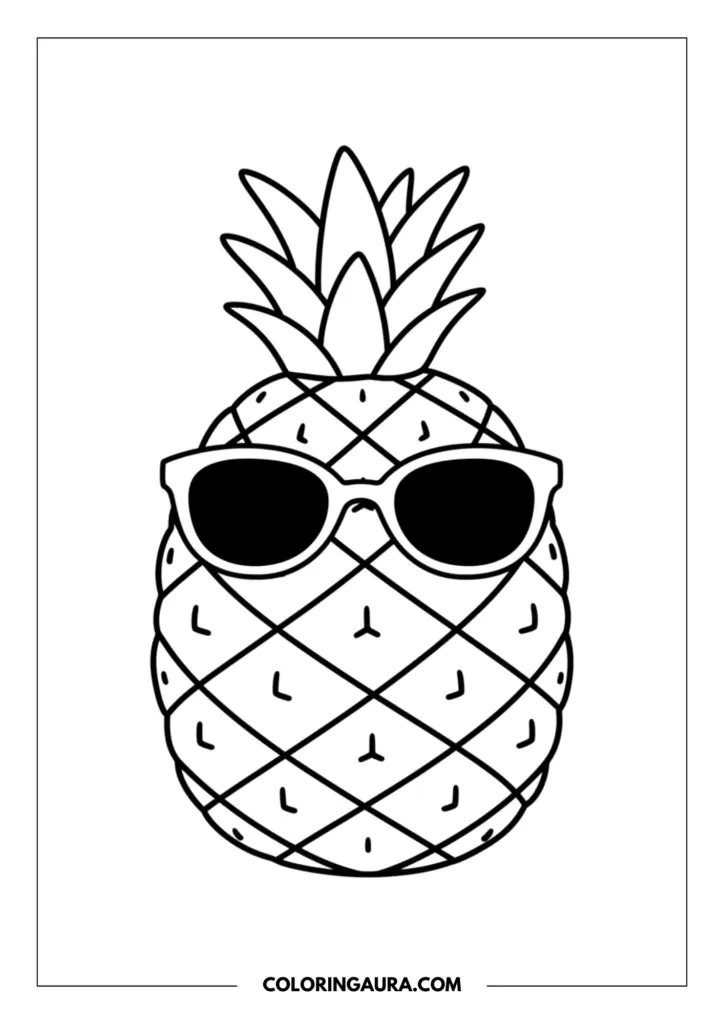 Line art coloring page showing a pineapple with a leafy crown wearing dark sunglasses and featuring a cross-hatch pattern on its skin.