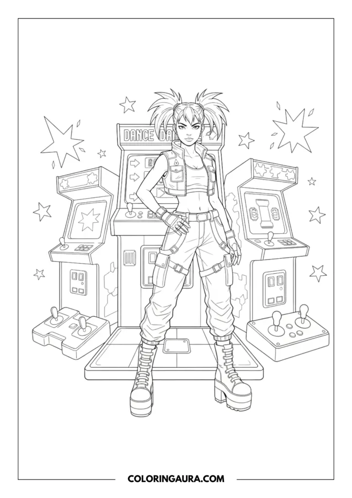 Outline of a girl in cargo pants and chunky platform boots standing in front of a dance arcade machine. The scene is decorated with retro stars, joysticks, and gaming consoles.
