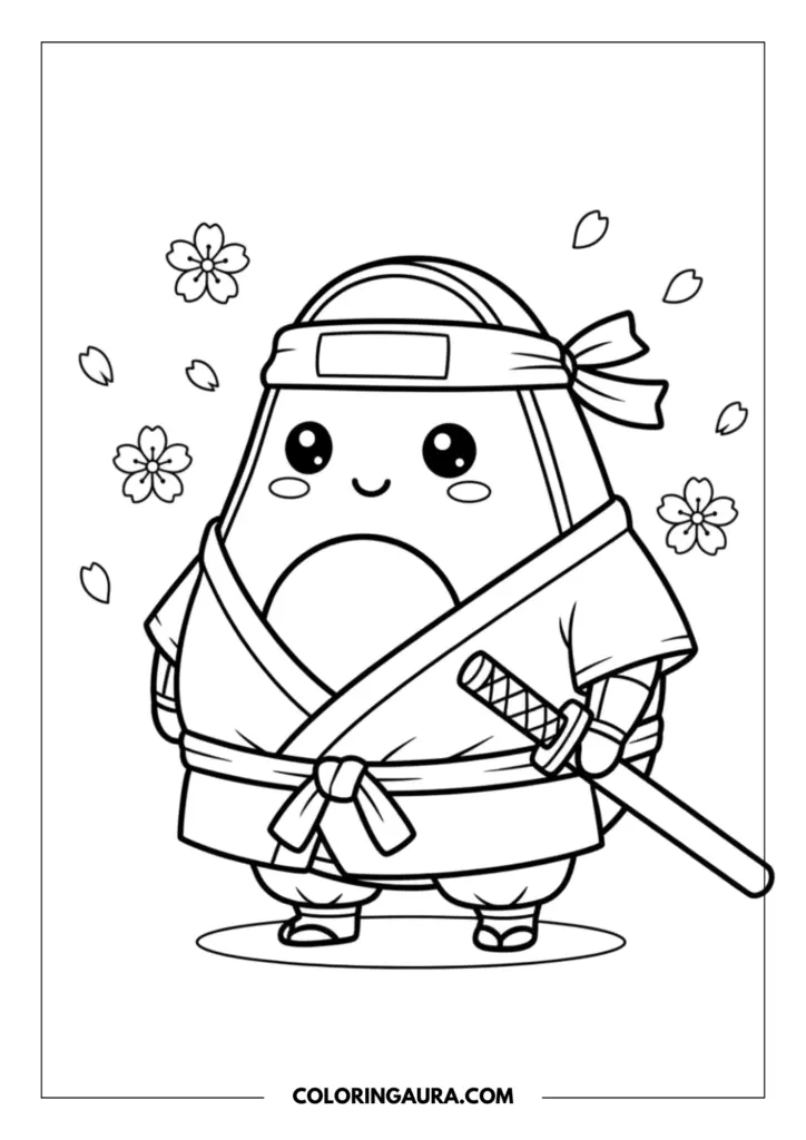 Line art coloring page showing a cute avocado dressed as a ninja warrior, wearing a headband and kimono, holding a katana sword surrounded by falling cherry blossom flowers.