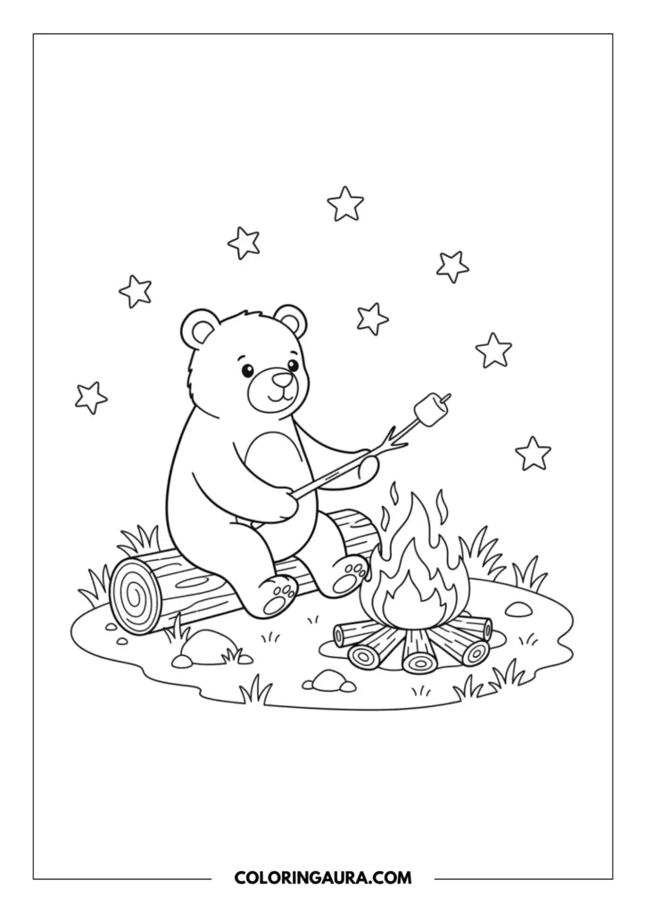 Line art coloring page showing a cute teddy bear sitting on a log by a campfire, roasting a marshmallow on a stick under a starry sky.