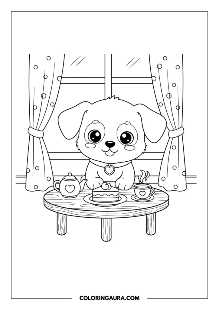 Line art coloring page showing a lovable puppy sitting at a round table with a slice of cake and a steaming teapot in front of a window with curtains.