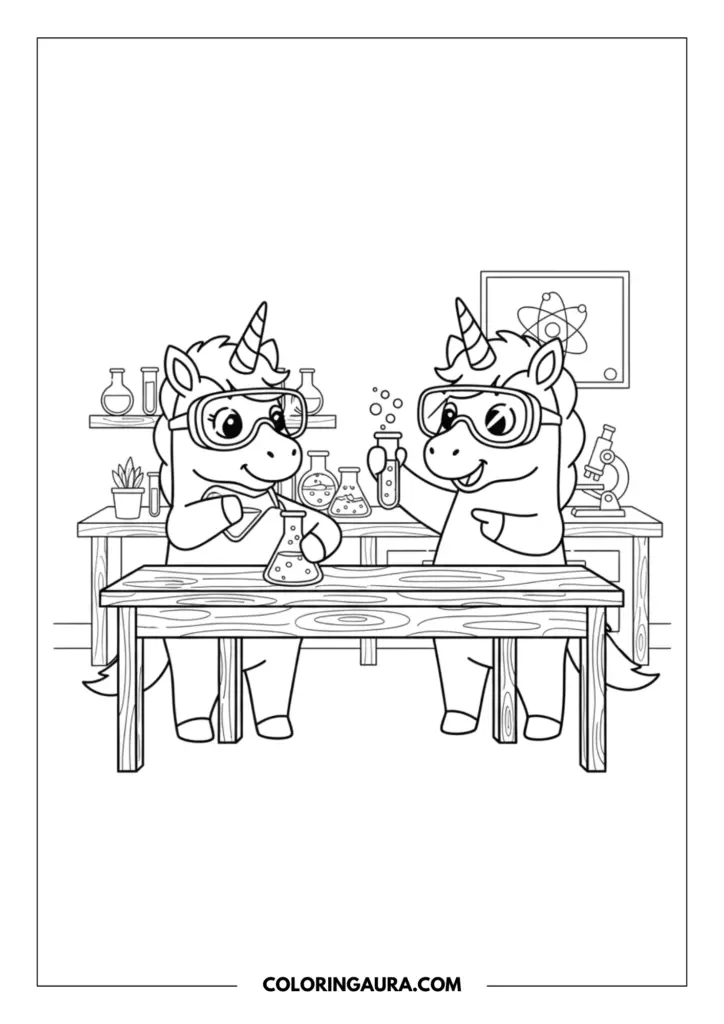 Line art coloring page showing two unicorns wearing safety goggles performing a science experiment. They are holding test tubes and flasks at a wooden lab table filled with beakers, surrounded by scientific equipment and an atom poster.