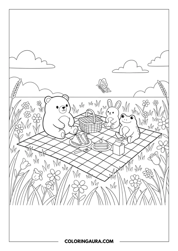Line art coloring page showing a bear, rabbit, and frog sitting on a checkered picnic blanket sharing sandwiches and cake, surrounded by tall grass and wildflowers.