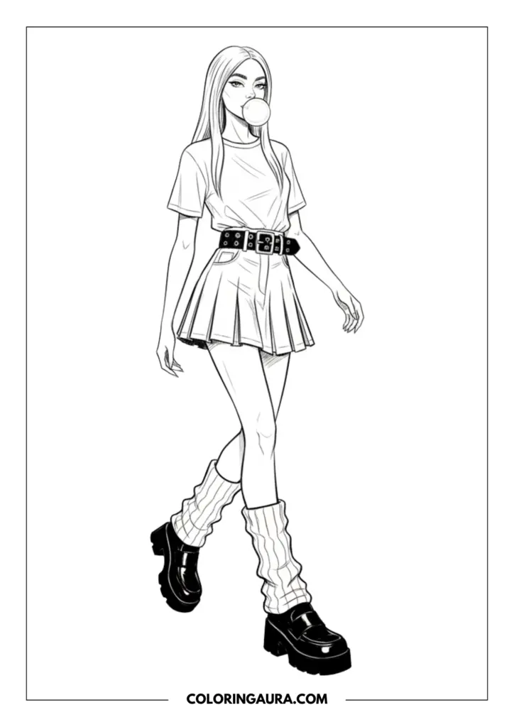 Line art coloring page showing a fashionable girl walking and blowing a bubblegum bubble, wearing a pleated mini skirt, leg warmers, and chunky loafers.
