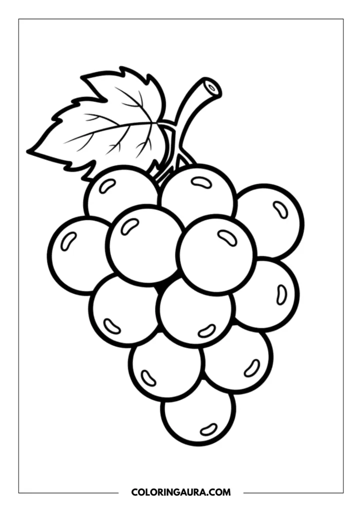Line art coloring page showing a plump bunch of grapes hanging from a stem with a detailed vine leaf.