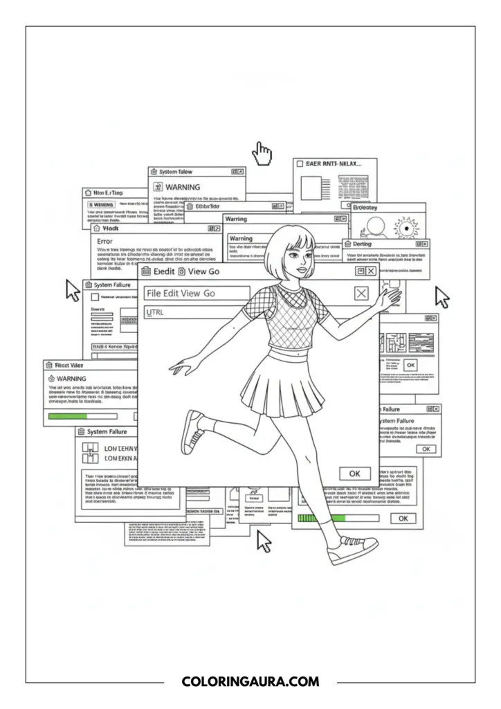 Line art coloring page showing a girl in a mesh top and pleated skirt stepping through retro computer browser windows, digital pop-up alerts, and floating cursor icons.