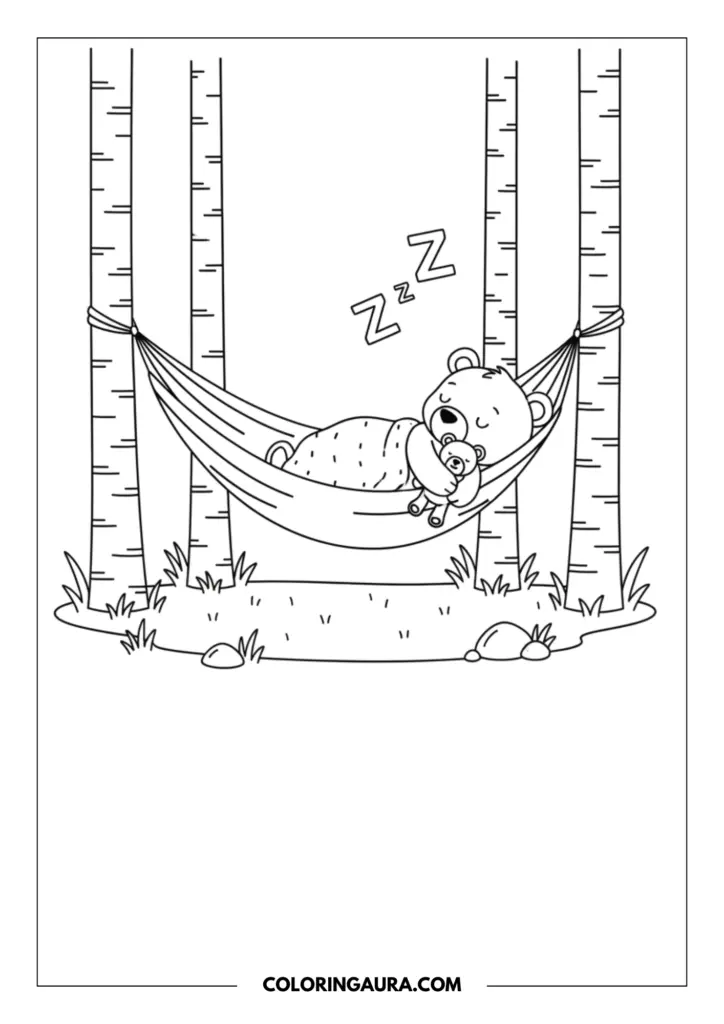 Line art coloring page showing a cute teddy bear sleeping peacefully in a hammock tied between trees, cuddling a small toy bear.