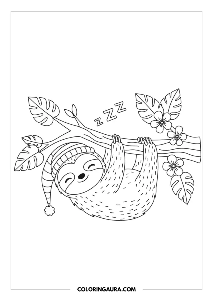 Line art coloring page showing a sleepy sloth wearing a nightcap hanging from a tree branch surrounded by tropical leaves and flowers.