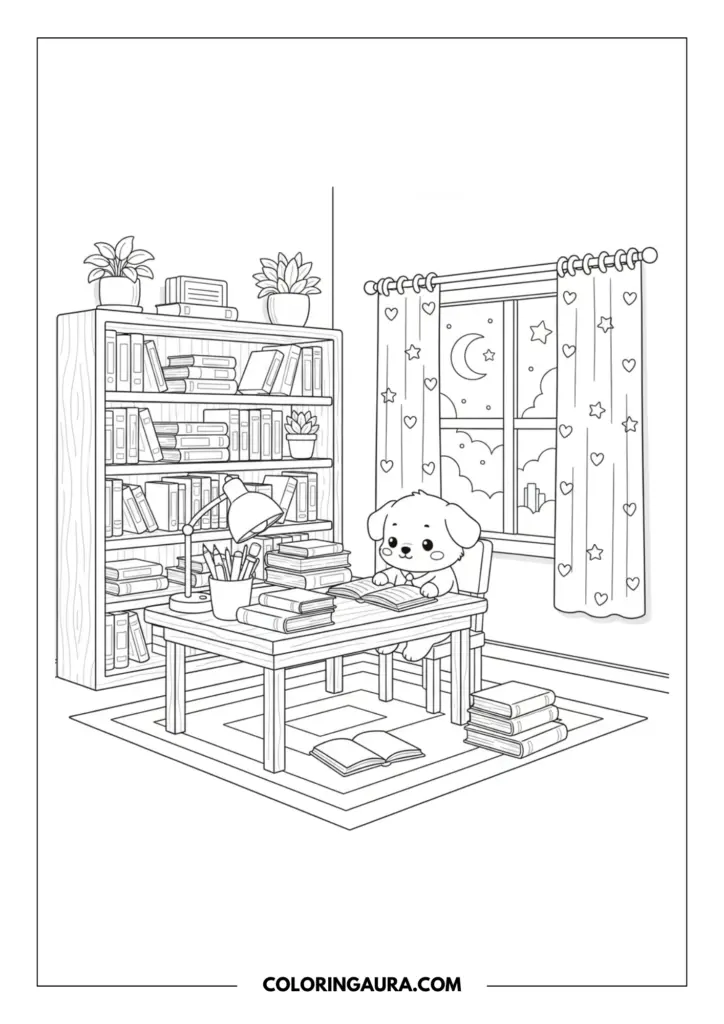 Line art coloring page showing a studious puppy reading a book at a wooden desk equipped with a lamp and pencils. The quiet room includes a tall bookshelf packed with books and a window revealing a crescent moon and stars in the night sky.