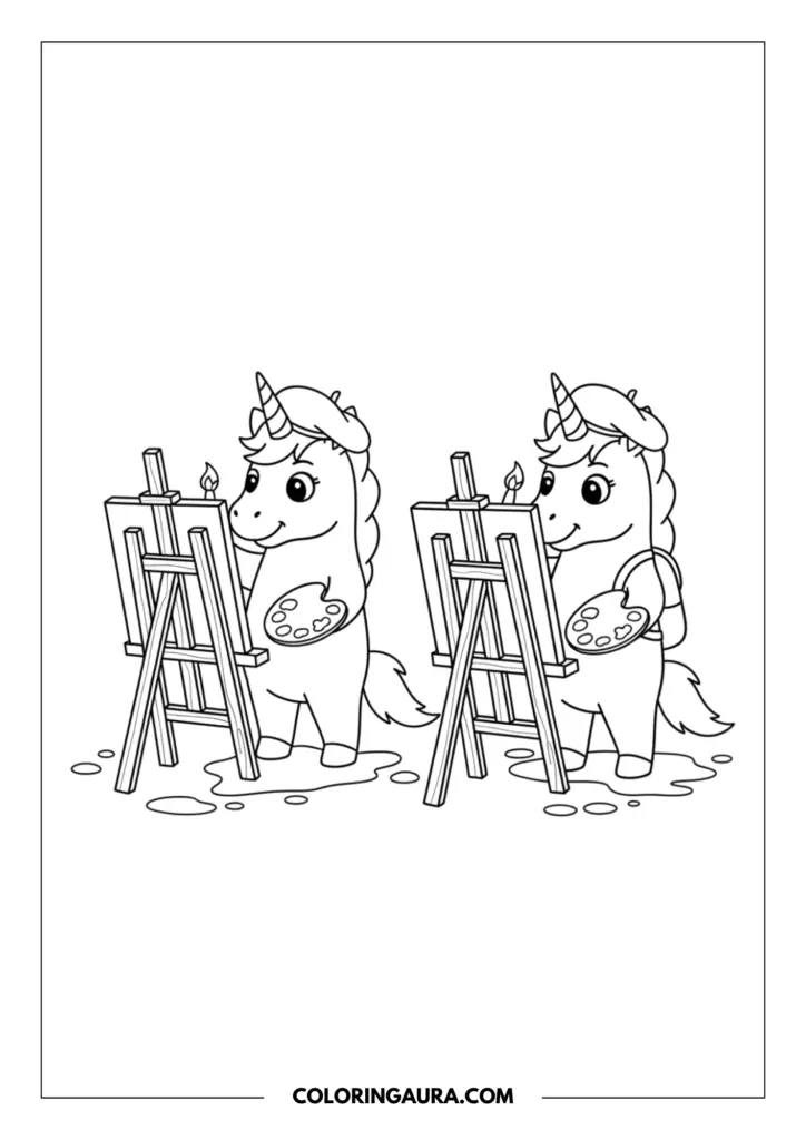 Line art coloring page showing two creative unicorns wearing berets painting on wooden easels. Each artist holds a palette and brush, creating masterpieces while standing in paint puddles, expressing their artistic flair.