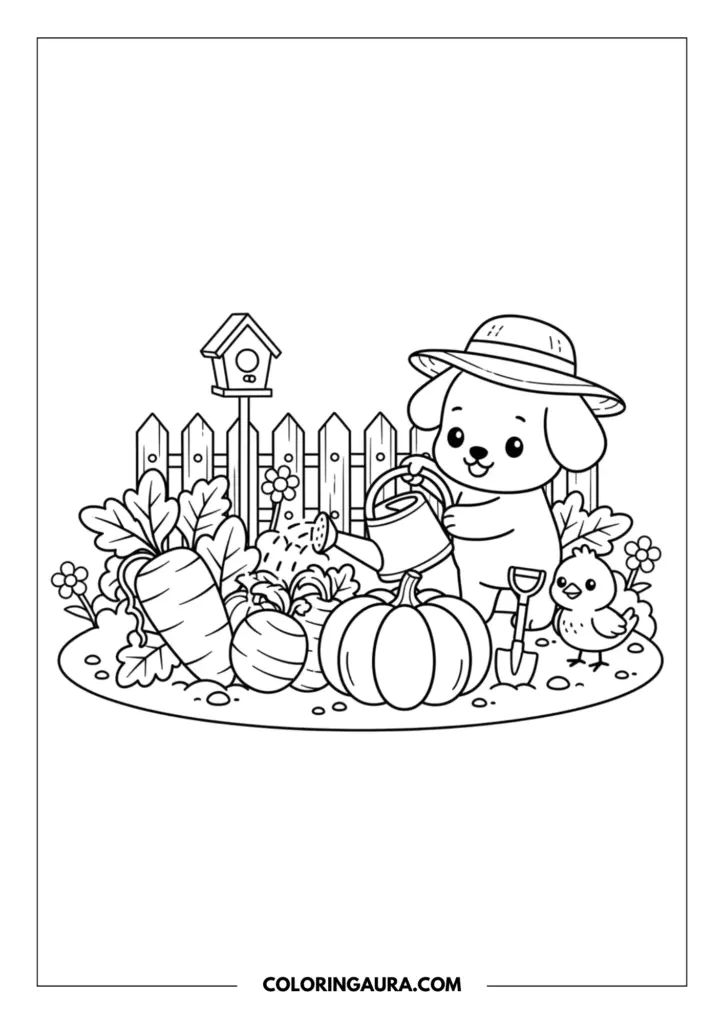 Line art coloring page showing an adorable puppy wearing a sun hat watering a pumpkin and carrots in the garden, accompanied by a small bird and a birdhouse.