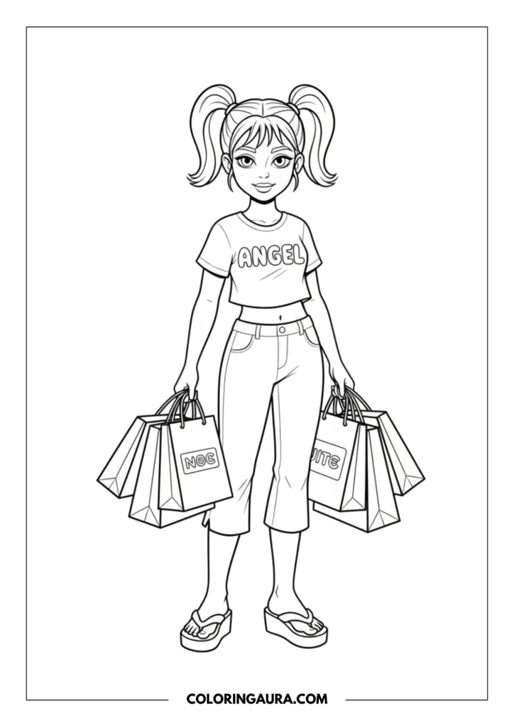 Line art coloring page showing a girl with pigtails holding multiple shopping bags, wearing a cropped "ANGEL" t-shirt, capri pants, and platform flip-flops.