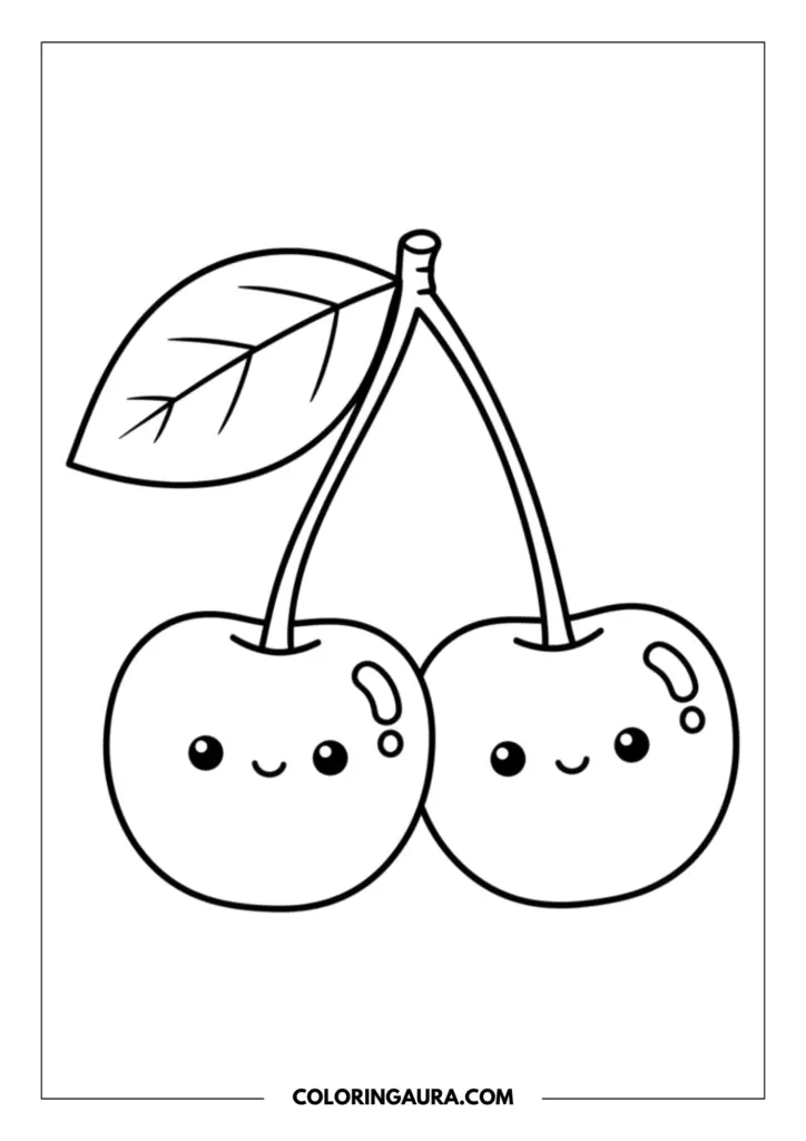 Line art coloring page showing a pair of cherries attached by stems with a single leaf and cute smiling kawaii faces.