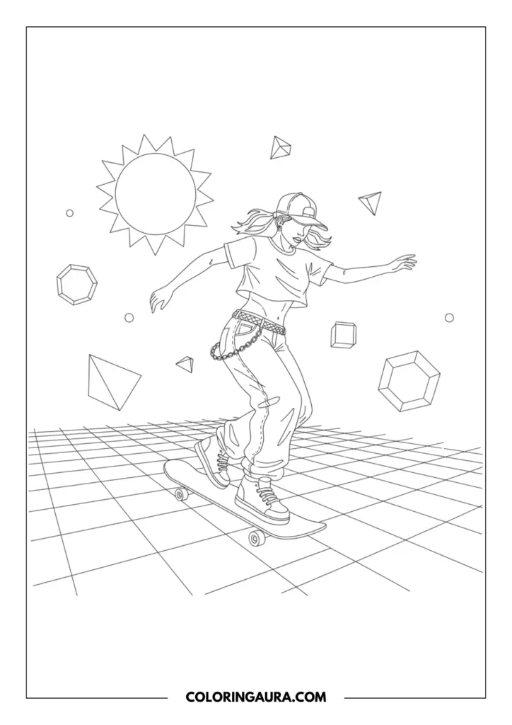 Line art coloring page showing a skater girl in a crop top and chain belt performing a trick on a skateboard. The background features a retro digital wireframe grid, a geometric sun, and floating 3D shapes.